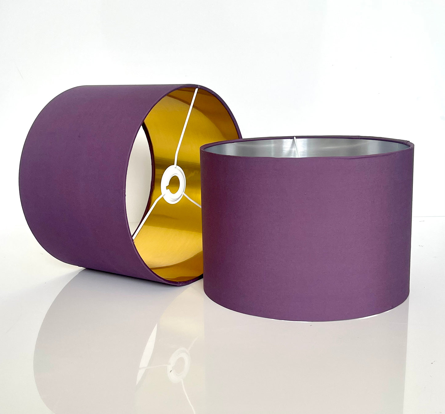 Hand made quality lamp shade with metallic lining made by order in cotton plum colour