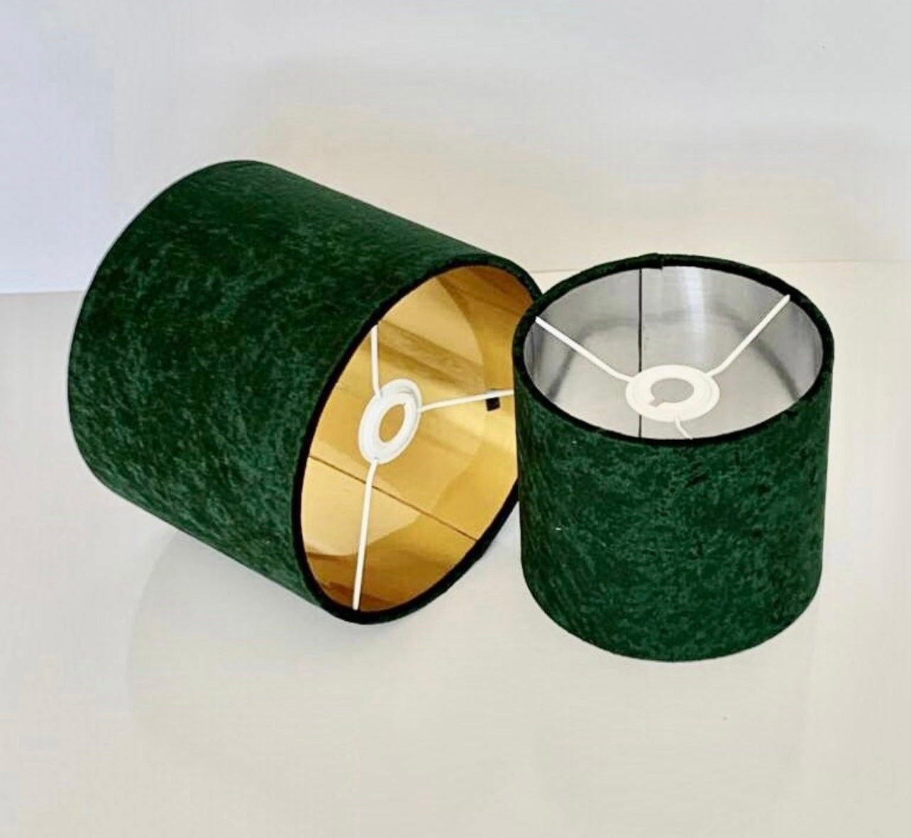Hand made quality lamp shade with metallic lining made by order in crushed bottle green velvet lamp shade