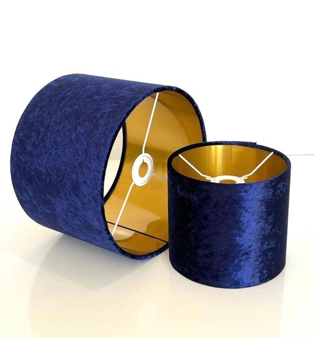 Hand made quality lamp shade with metallic lining made by order crushed navy blue velvet luxury fabric