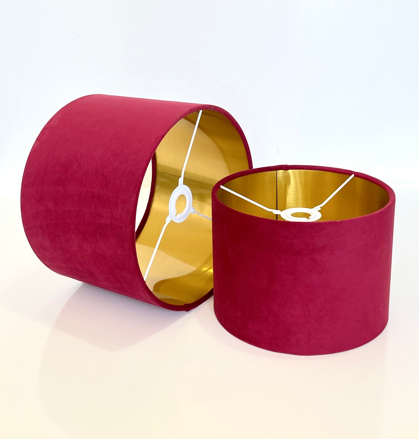 Hand made quality lamp shade with metallic lining made by order in cranberry red luxurious velvet