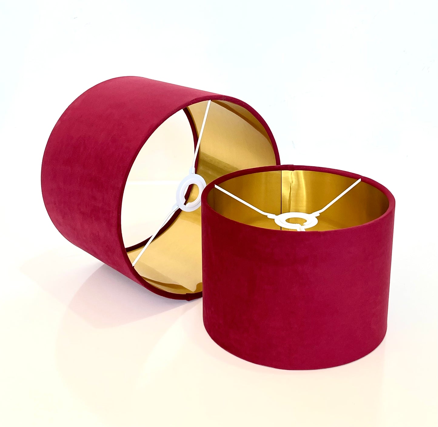 Hand made quality lamp shade with metallic lining made by order in cranberry red luxurious velvet