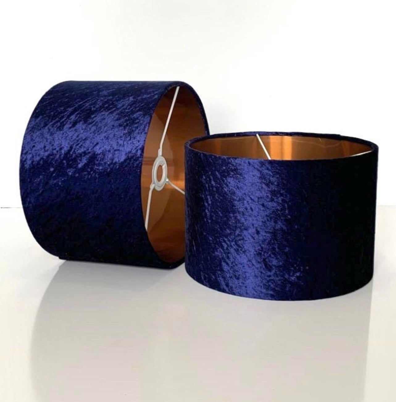 Hand made quality lamp shade with metallic lining made by order crushed navy blue velvet luxury fabric