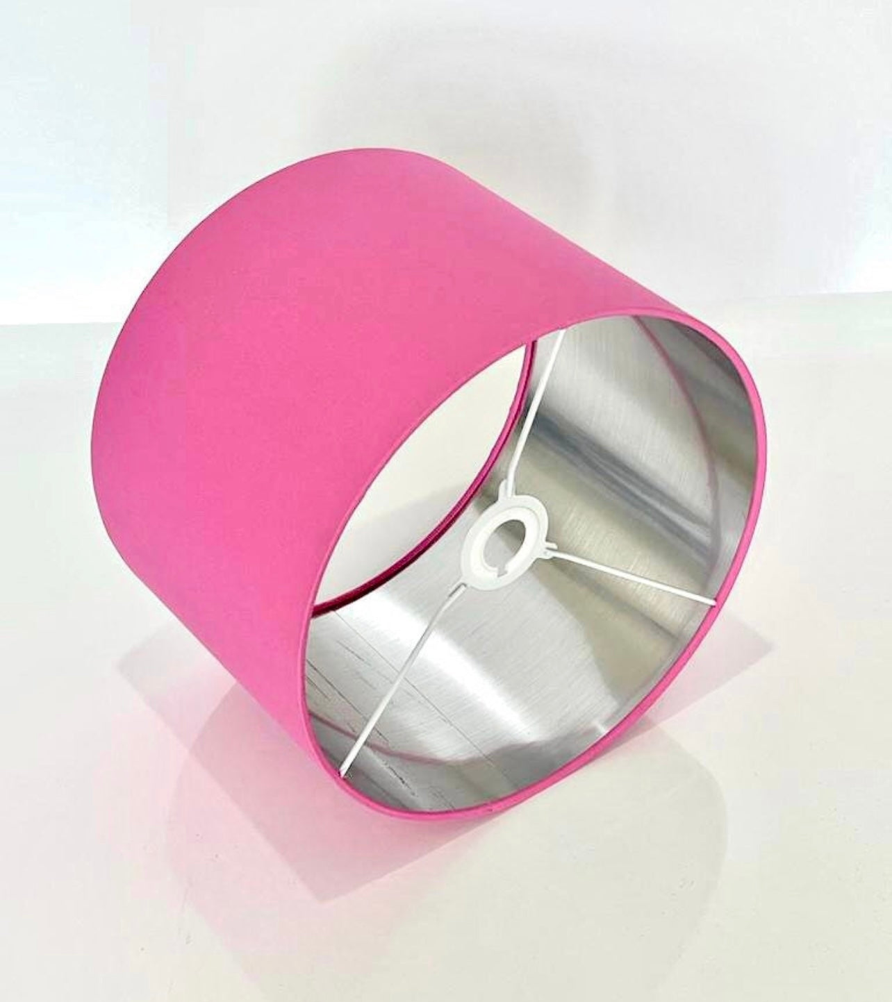 Hand made quality lamp shade with metallic lining made by order in cotton sugar pink fabric