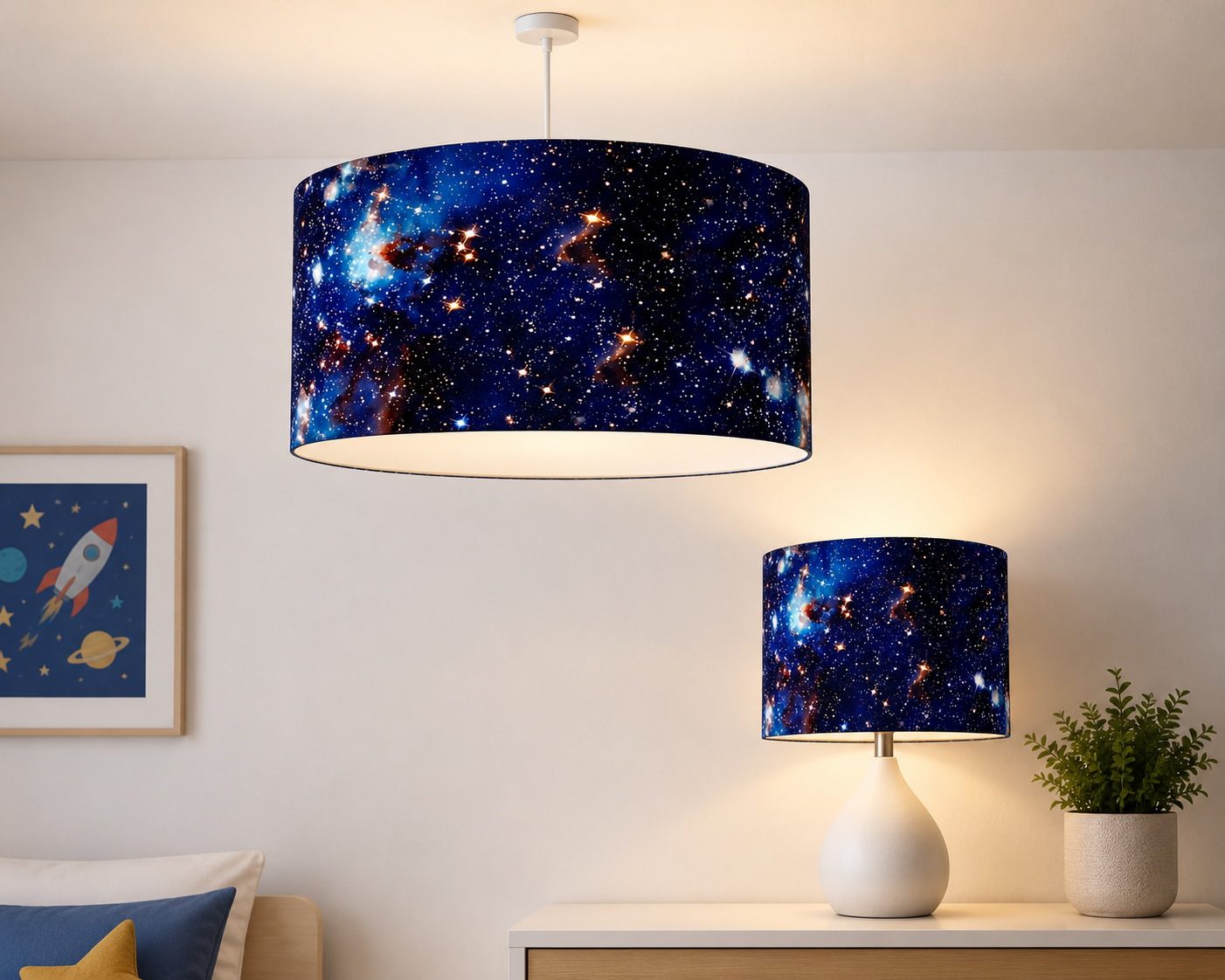 New luxury high quality kids children’s room deep galaxy space stars pattern lamp shade pendant light shade navy blue with glowing