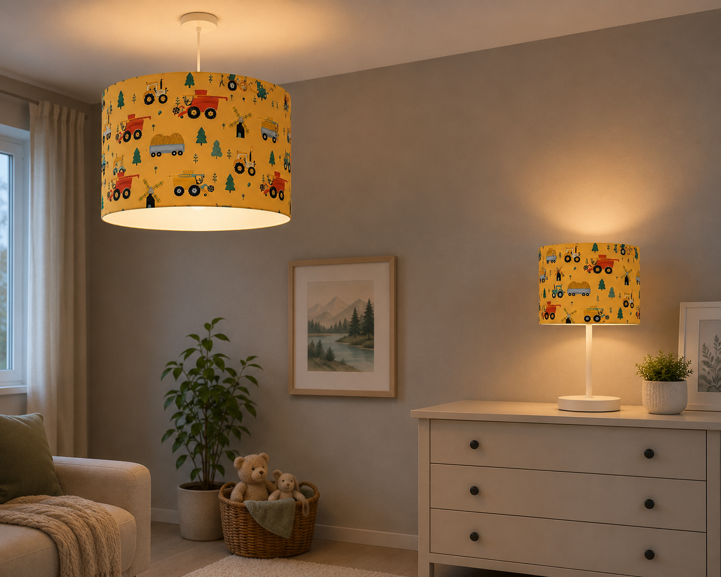 new HQ kids/children room farmhouse village trees trucks tractor pattern lamp shade and pendant light shade-yellow