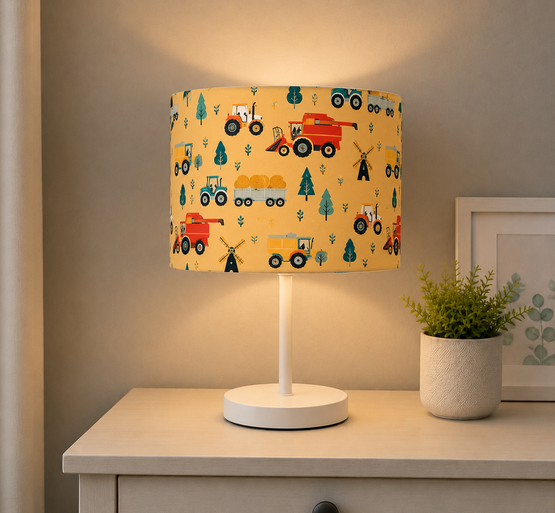 new HQ kids/children room farmhouse village trees trucks tractor pattern lamp shade and pendant light shade-yellow