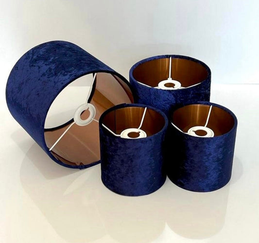 Hand made quality lamp shade with metallic lining made by order crushed navy blue velvet luxury fabric