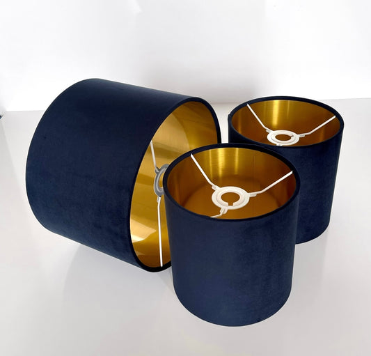 Hand made quality lamp shade with metallic lining made by order dark blue upholstery luxury velvet fabric