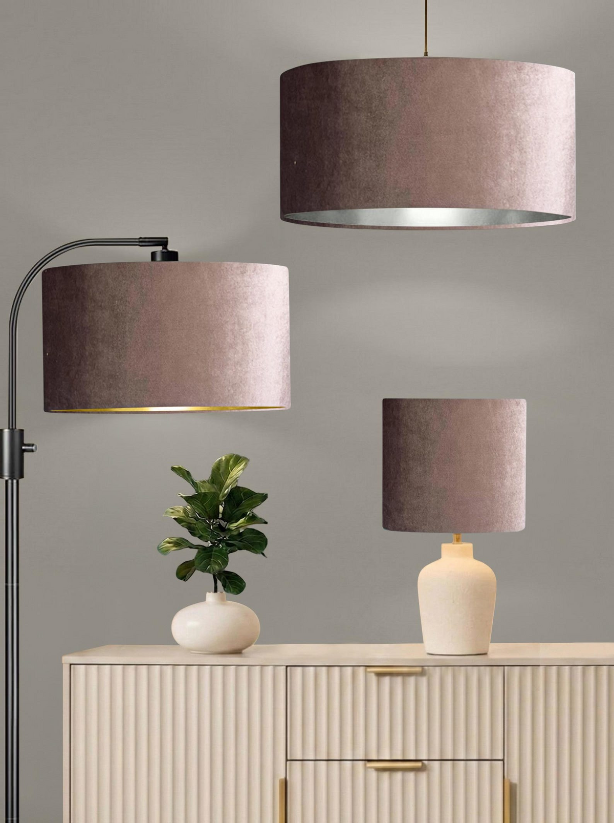 New luxury premium quality glamour mauve velvet fabric with brushed metallics lining lamp shade pendant light shade in multi sizes