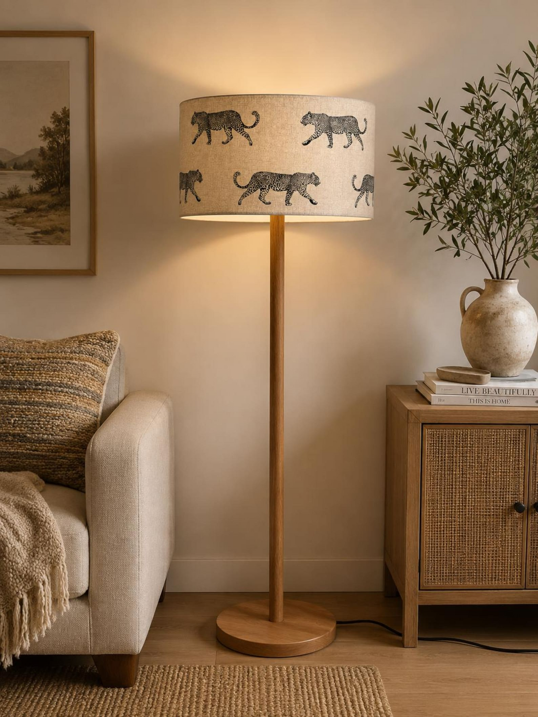 Handmade HQ luxury neutral fabric with walking black leopard pattern drum shape lamp shade pendant light shade suitable for all
