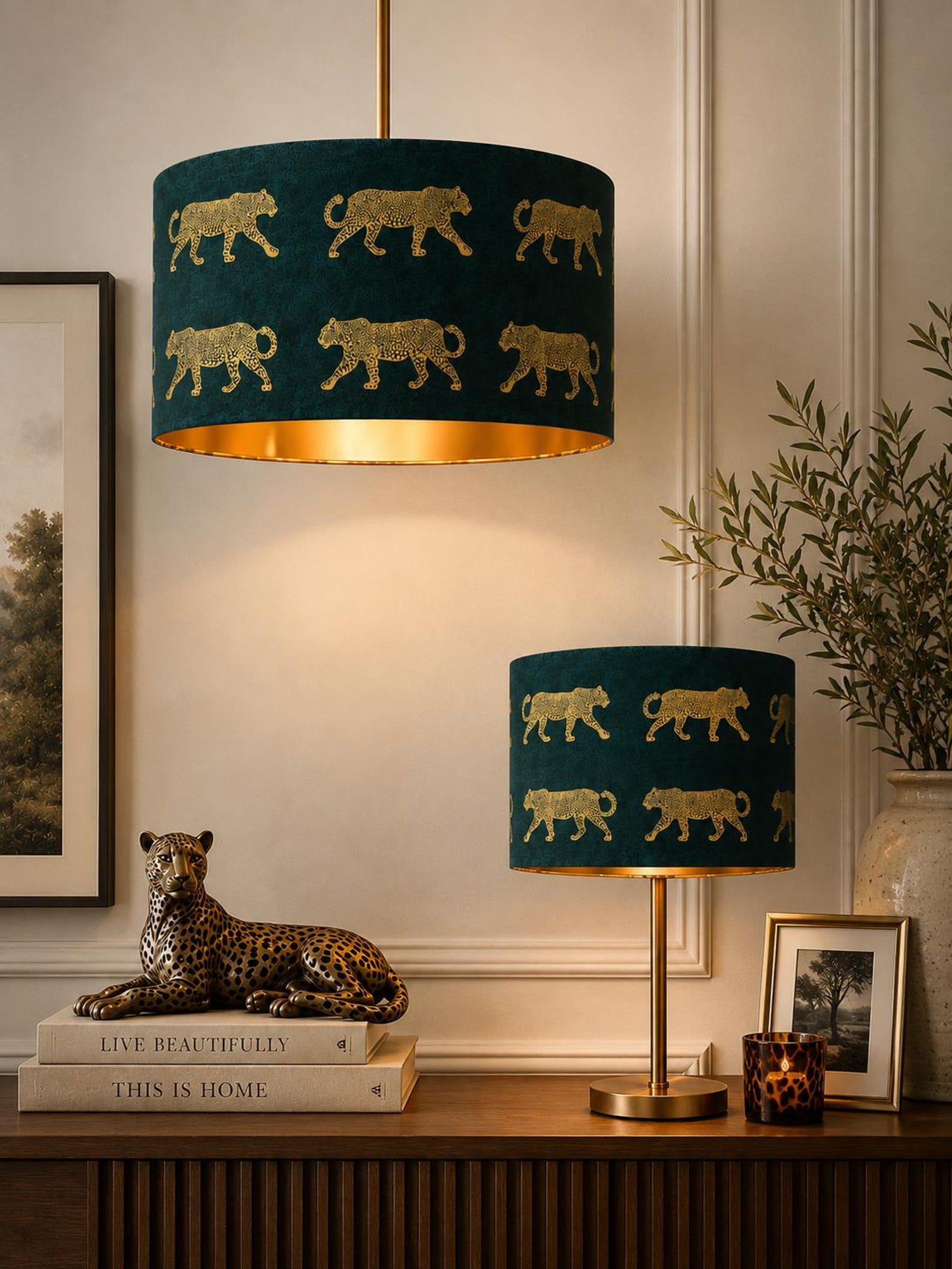 Handmade HQ luxury teal green fabric with walking golden foiled leopard pattern drum shape lamp shade pendant light shade suitable for all
