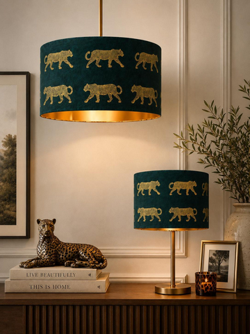 Handmade HQ luxury teal green fabric with walking golden foiled leopard pattern drum shape lamp shade pendant light shade suitable for all