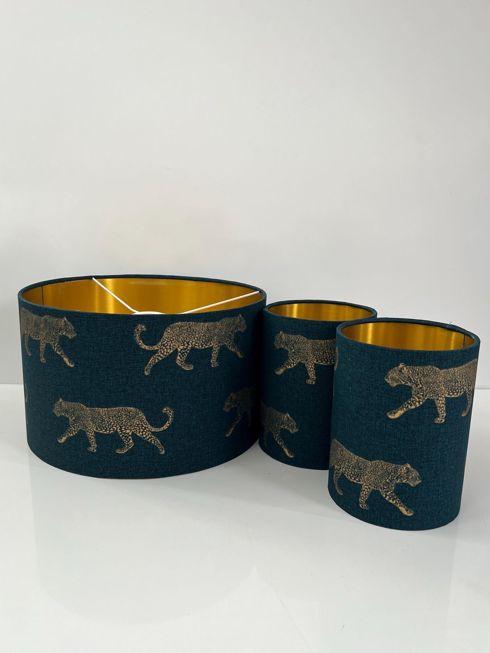 Handmade HQ luxury teal green fabric with walking golden foiled leopard pattern drum shape lamp shade pendant light shade suitable for all