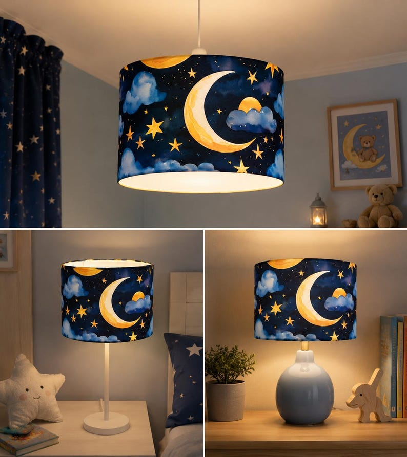 New handmade kids / children room blue moon glowing stars with clouds pattern drum lamp shade all sizes suitable for ceiling and tables