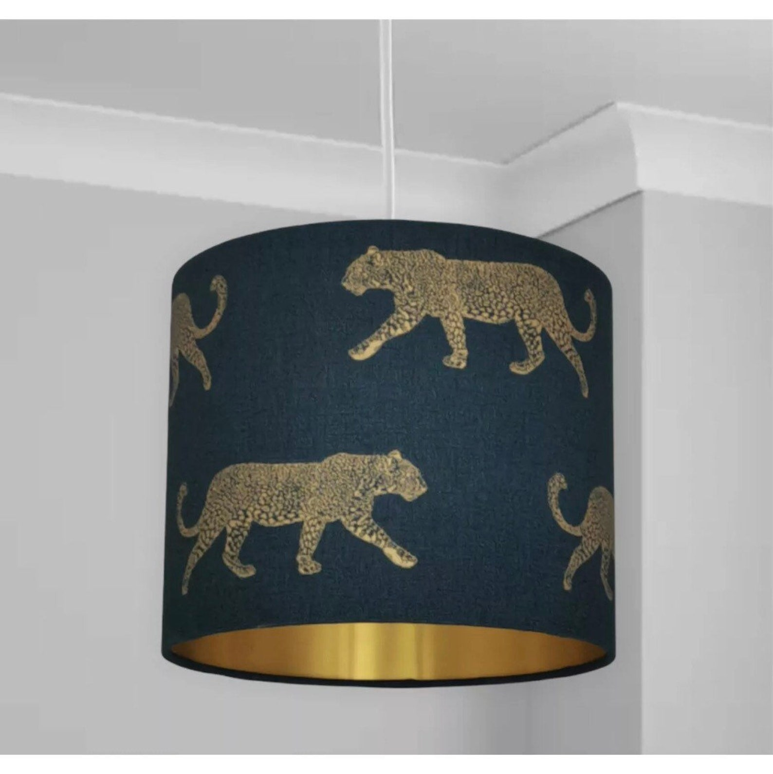 Handmade HQ luxury teal green fabric with walking golden foiled leopard pattern drum shape lamp shade pendant light shade suitable for all