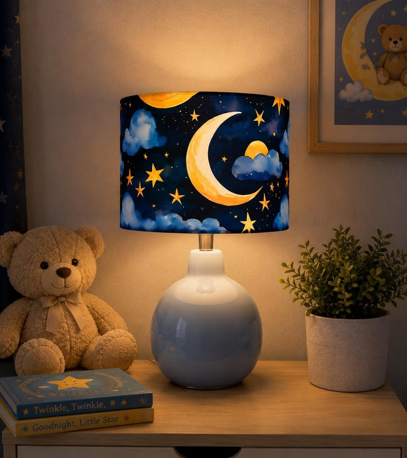 New handmade kids / children room blue moon glowing stars with clouds pattern drum lamp shade all sizes suitable for ceiling and tables