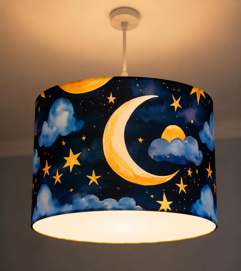 New handmade kids / children room blue moon glowing stars with clouds pattern drum lamp shade all sizes suitable for ceiling and tables