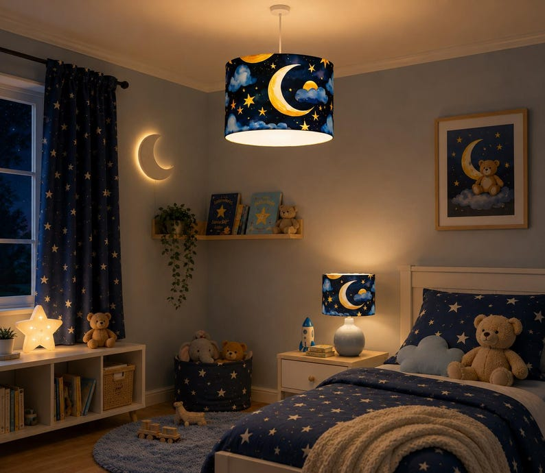 New handmade kids / children room blue moon glowing stars with clouds pattern drum lamp shade all sizes suitable for ceiling and tables