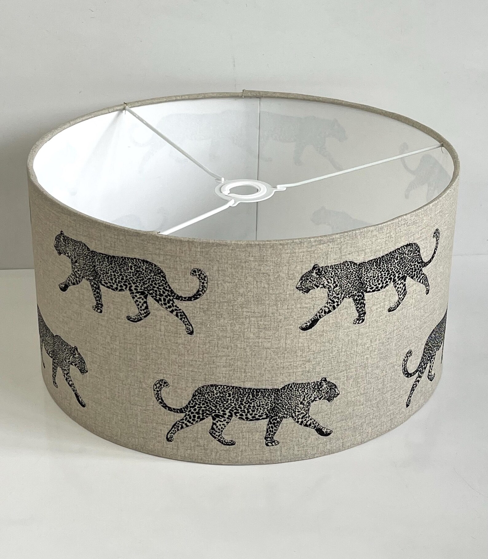 Handmade HQ luxury neutral fabric with walking black leopard pattern drum shape lamp shade pendant light shade suitable for all