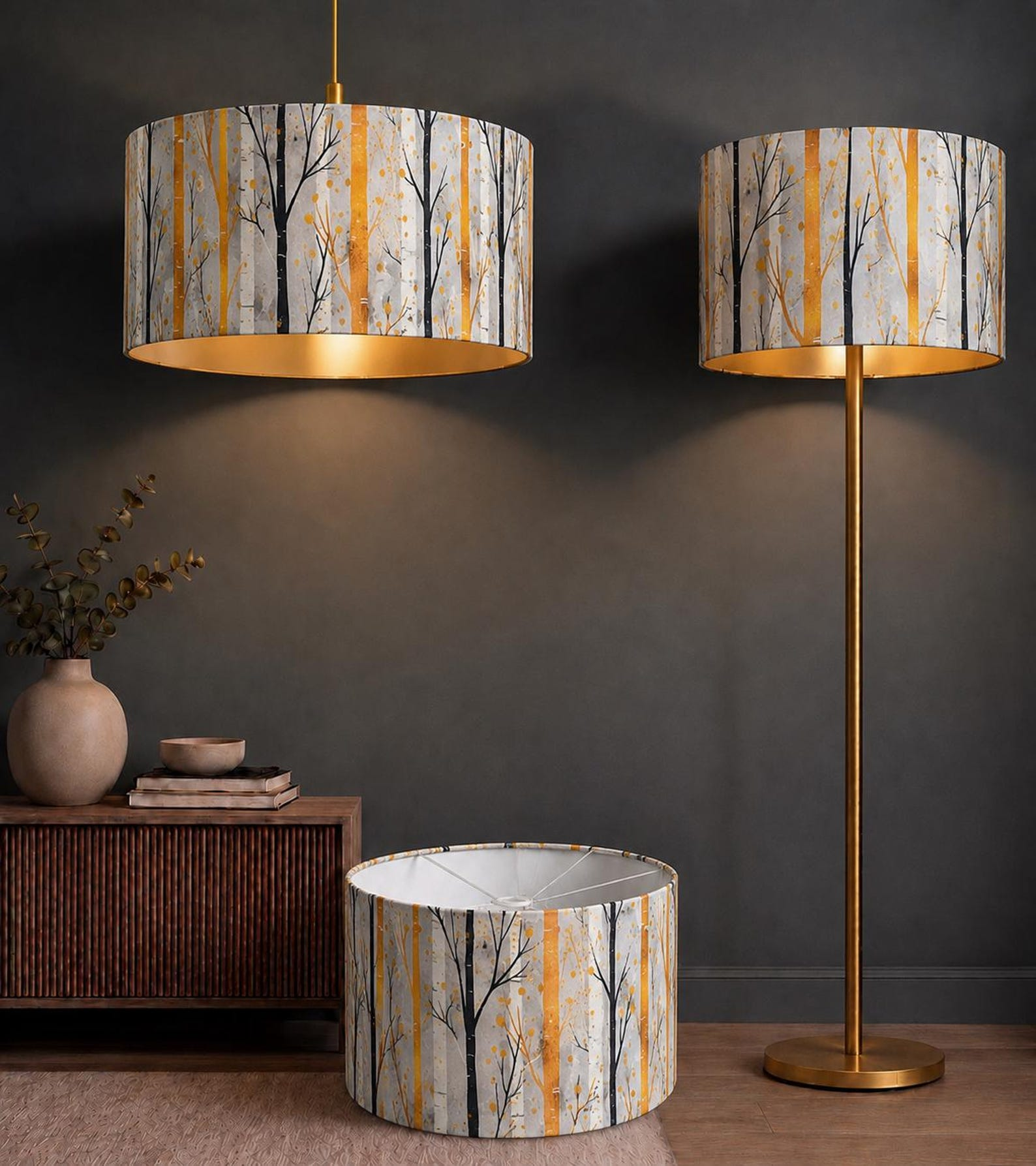 New high quality handmade yellow white autumn tree branches pattern on velvet DRUM shape lamp shade pendant light lamp shade all size shape