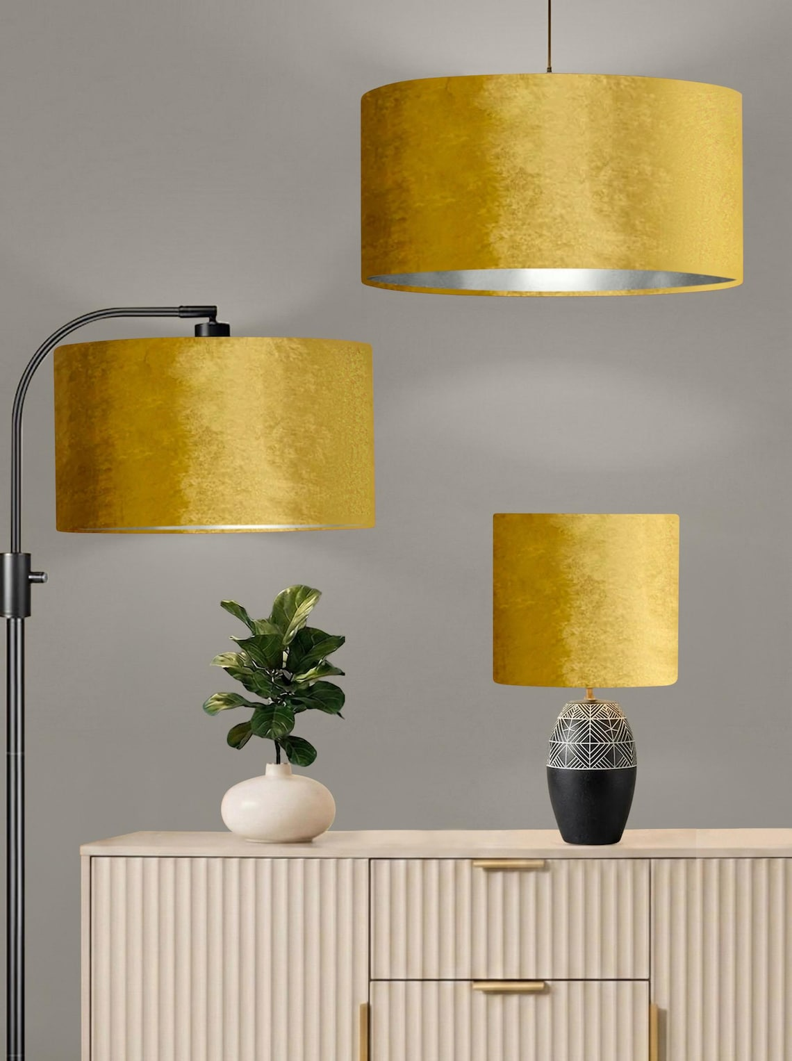 NEW luxury handmade by order DRUM shape glamour mustard gold velvet lamp shade pendant light lamp shade with metallic panels lining