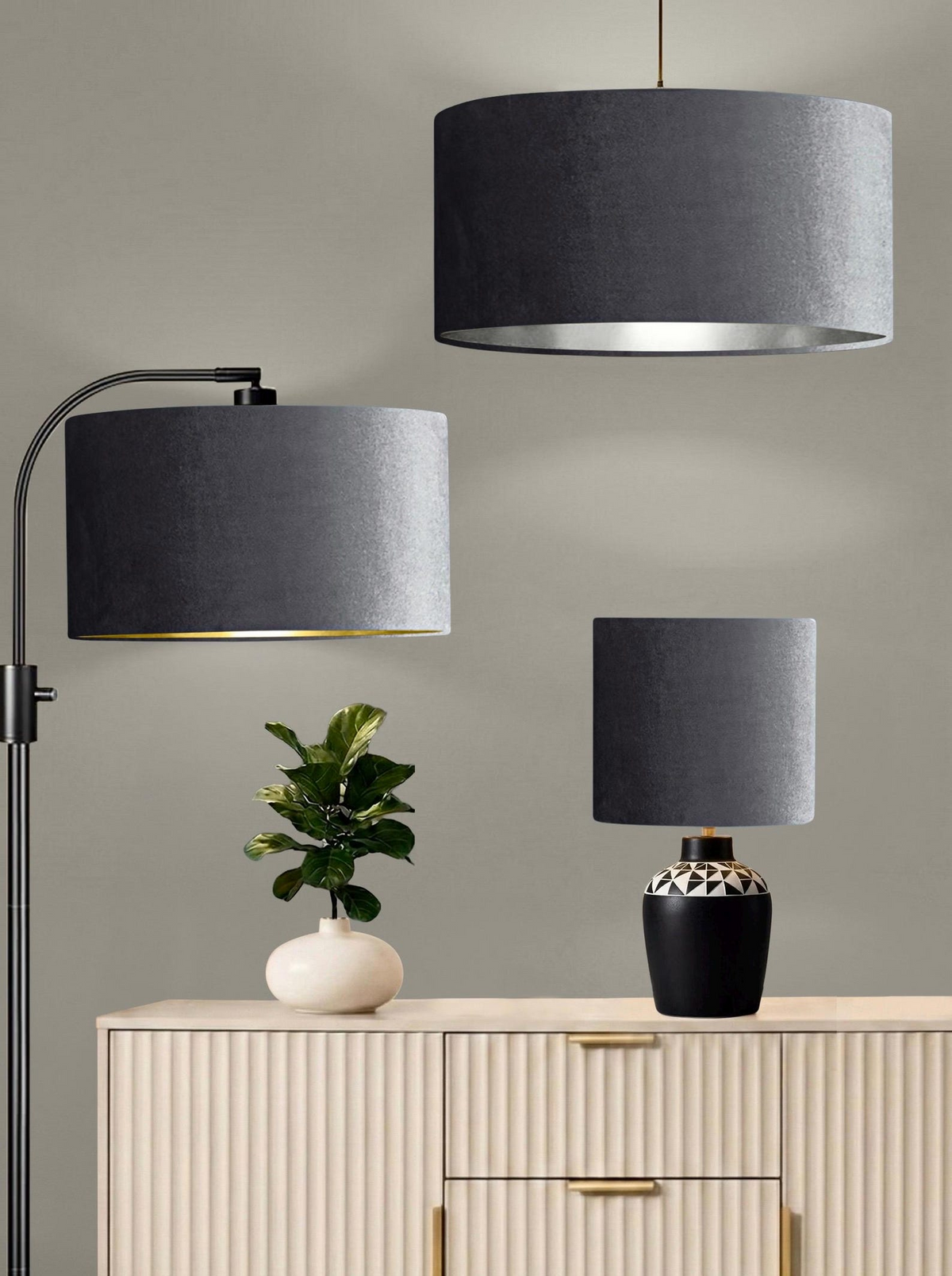 new luxury high quality glamour velvet elephant grey velvet drum lamp shade pendant light shade with metallic panels lining