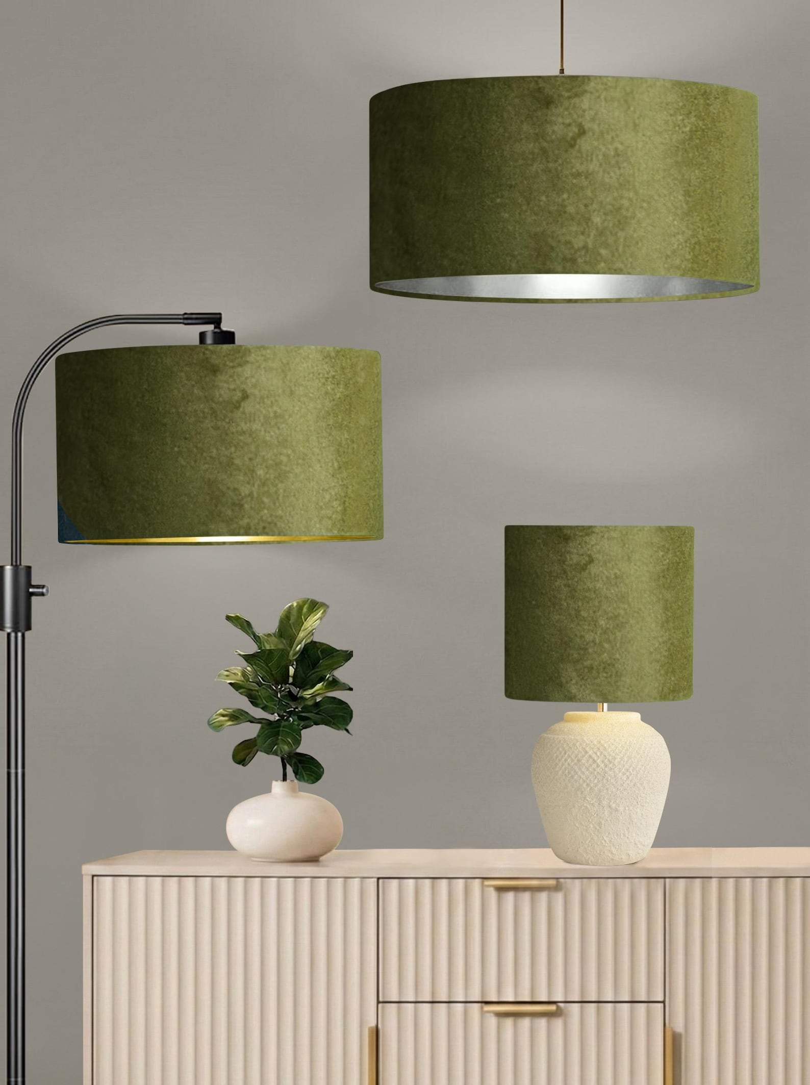 New luxury premium quality sage glamour velvet fabric with brushed metallics lining lamp shade pendant light shade in multi sizes