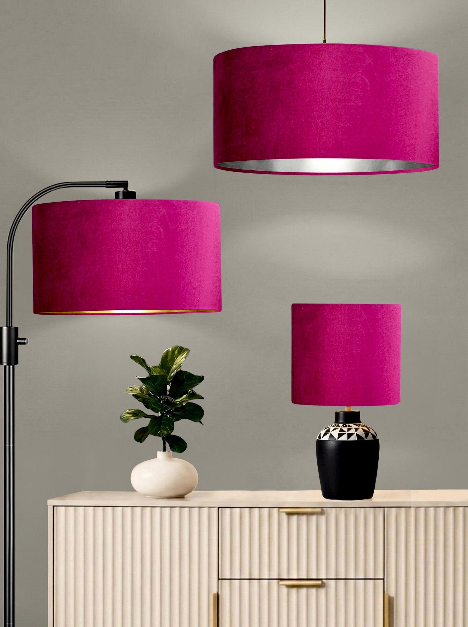 New luxury premium quality glamour fuchsia pink velvet fabric with brushed silver lining lamp shade pendant light shade in multi sizes