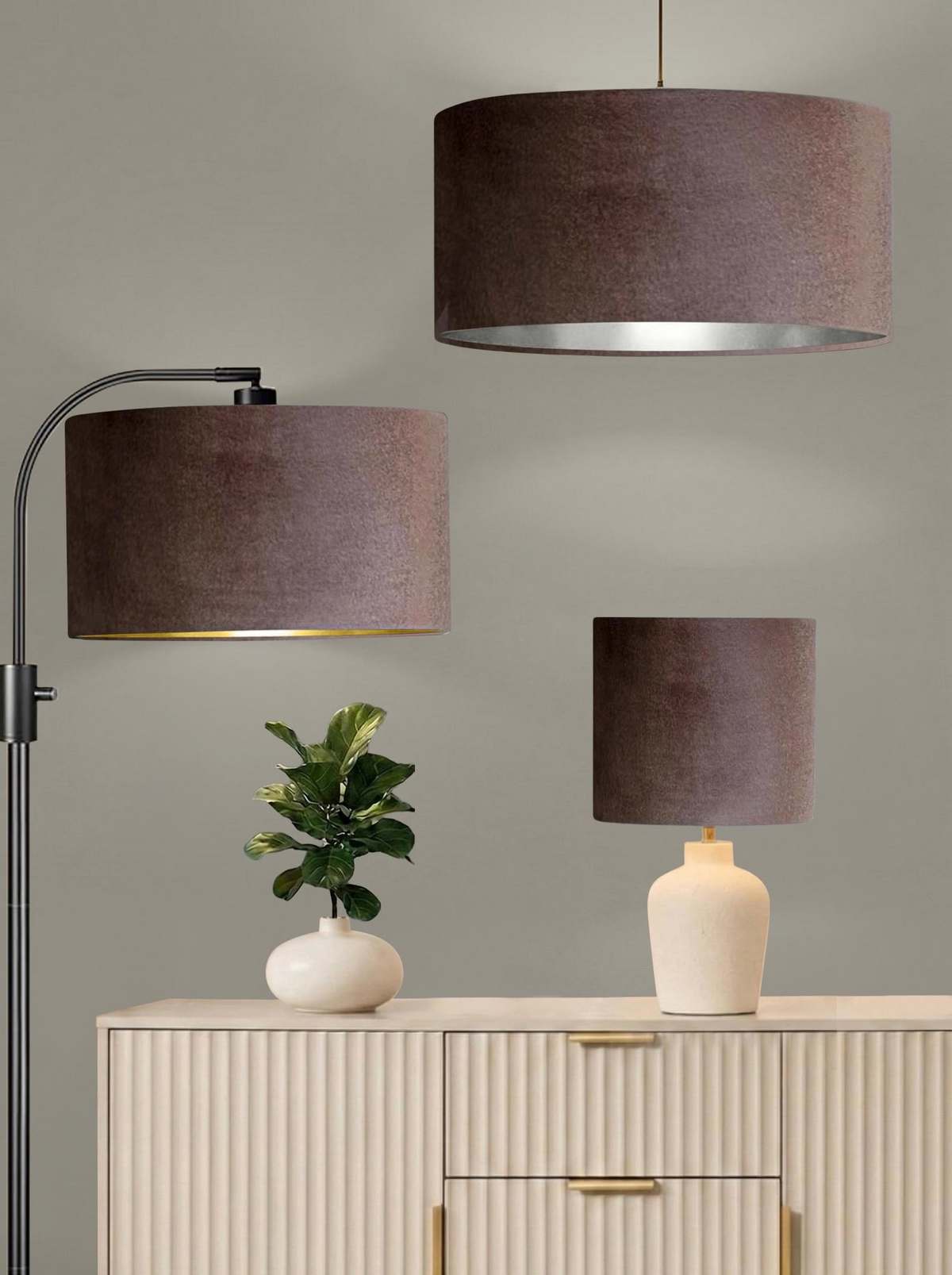 New luxury premium quality glamour latte brown velvet fabric with brushed metallics lining lamp shade pendant light shade in multi sizes