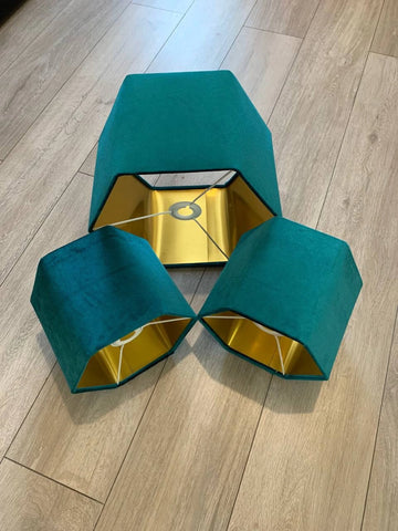 New luxury premium quality hexagon velvet lamp shade pendant light shade turquoise blue With brushed gold lining