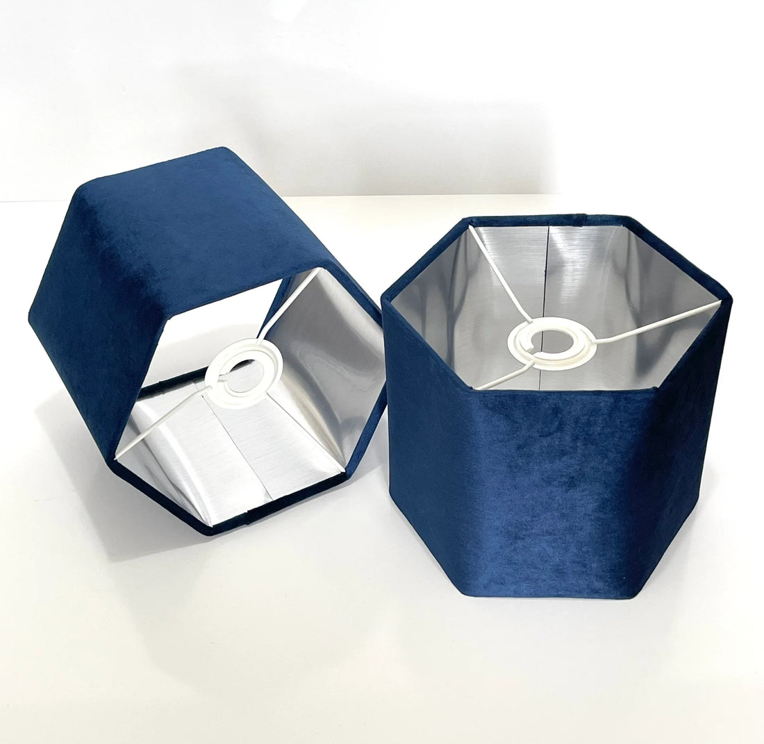 New luxury premium quality hexagon velvet lamp shade pendant light shade navy With brushed silver lining