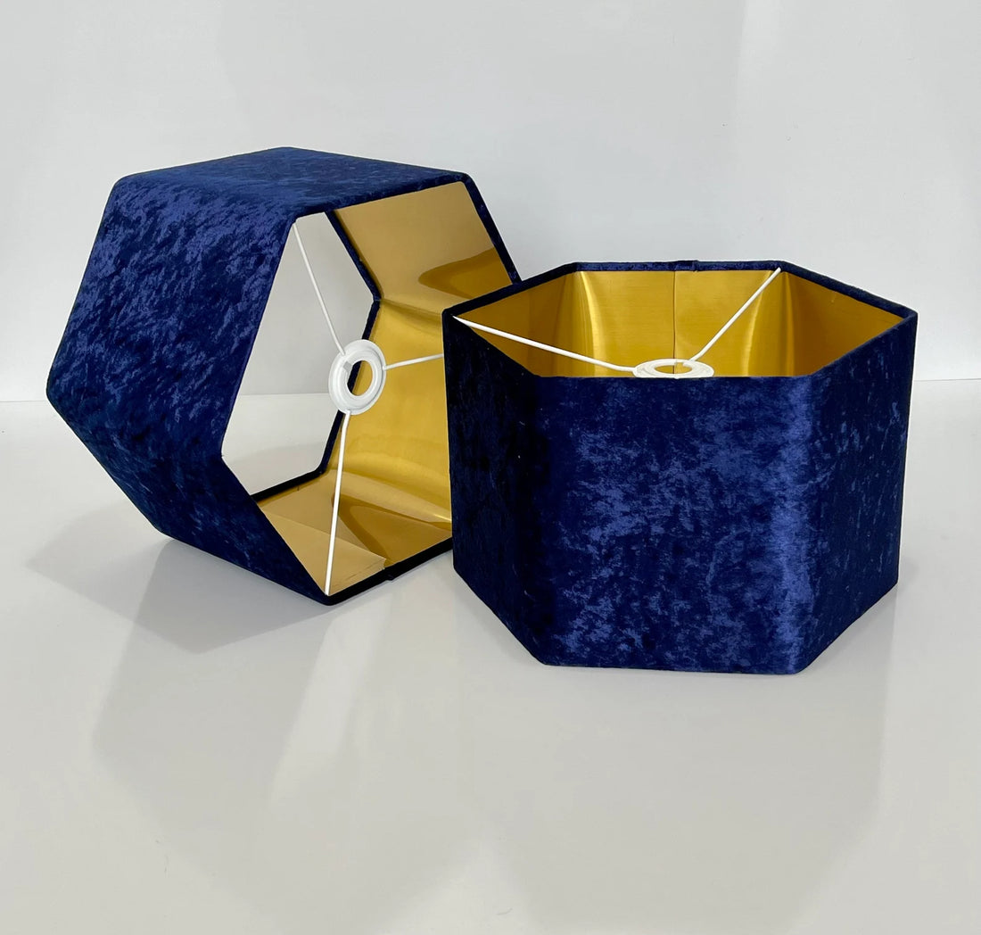 New luxury premium quality hexagon velvet lamp shade pendant light shade navy With brushed gold lining