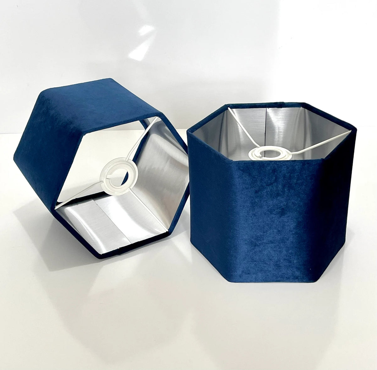 New luxury premium quality hexagon velvet lamp shade pendant light shade navy With brushed silver lining