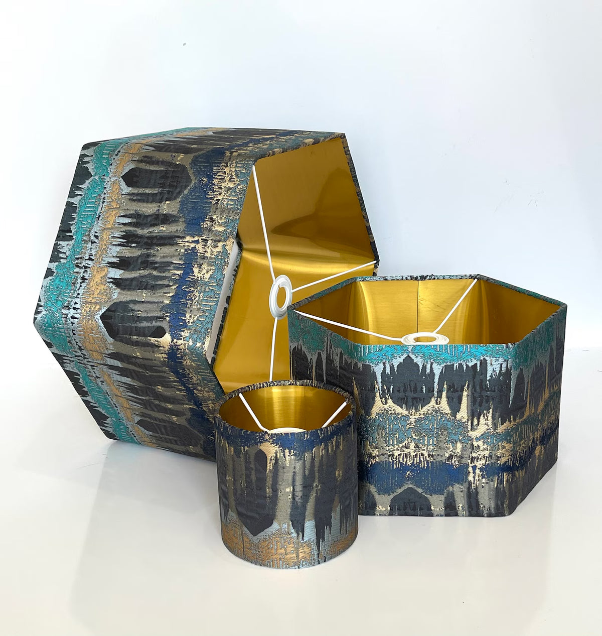 New luxury premium quality hexagon abstract design lamp shade pendant light shade teal blue With brushed gold lining