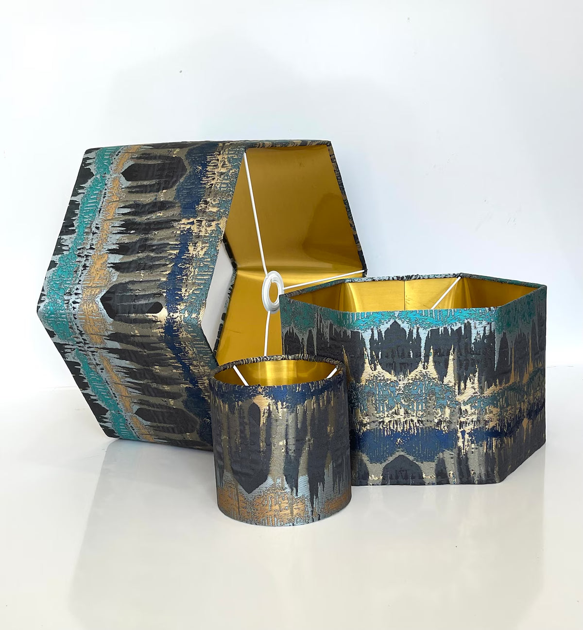 New luxury premium quality hexagon abstract design lamp shade pendant light shade teal blue With brushed gold lining