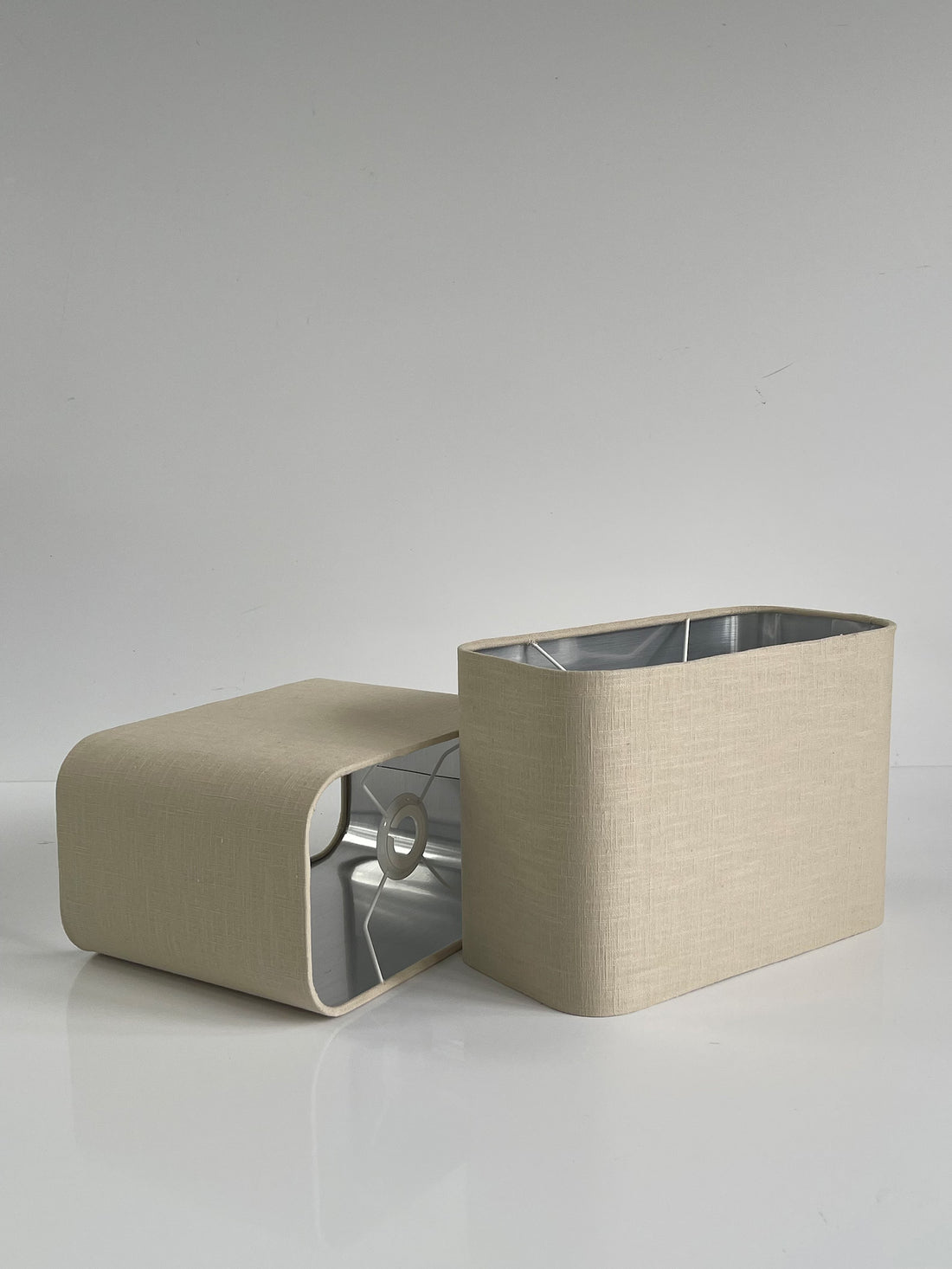 New luxury flax linen fabric neutral colour lamp shade and pendant light shade rounded rectangular shape with metallic panels lining
