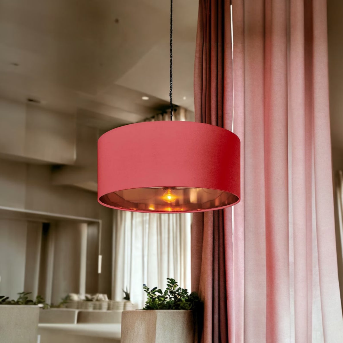 New high quality luxury blush 31 cotton fabric lamp shade pendant light drum shape with metallic linings