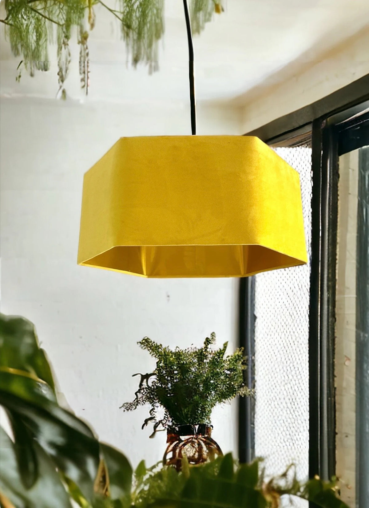 New luxury premium quality hexagon velvet lamp shade pendant light shade lemon yellow velvet With brushed gold lining