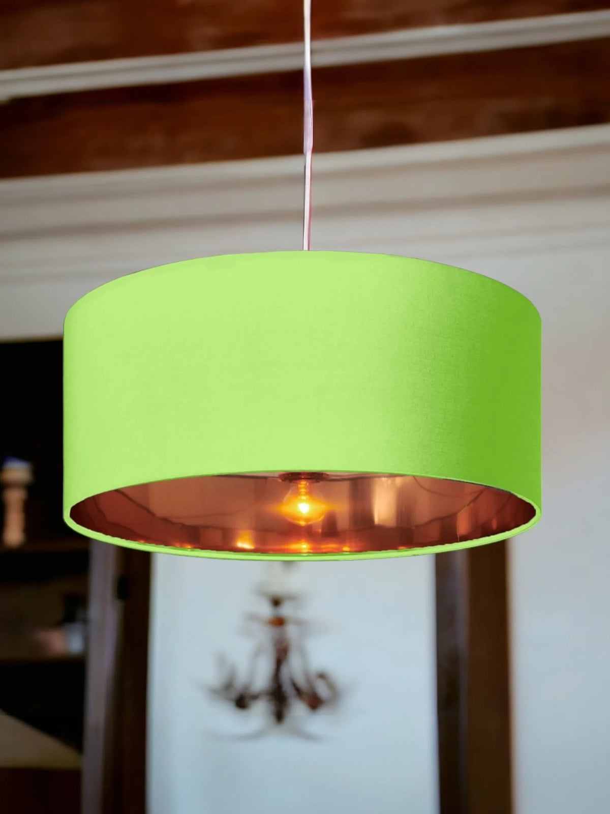 New high quality luxury Chartreuse light green 16 cotton fabric lamp shade pendant light drum shape with metallic linings