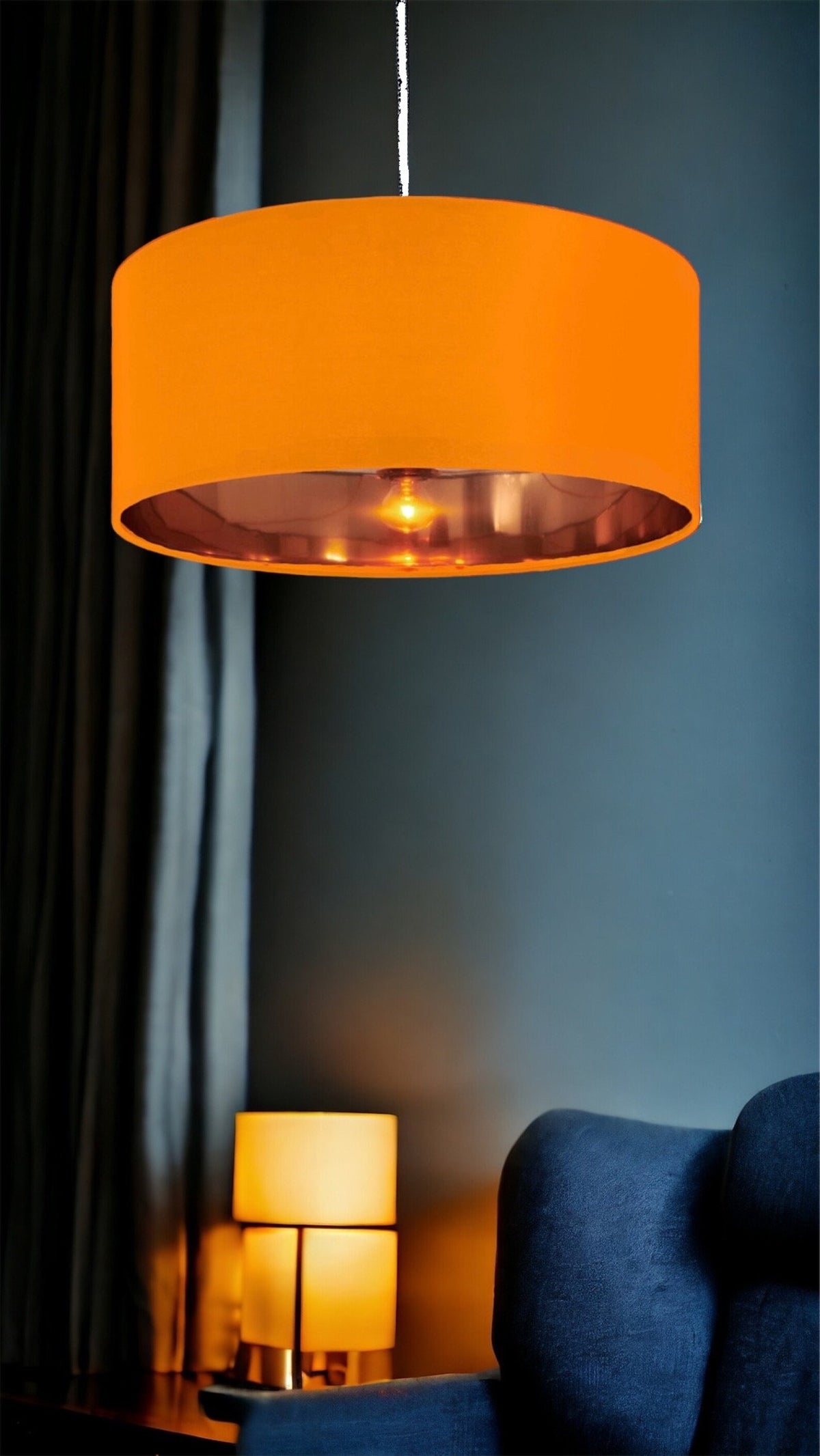 New high quality luxury clementine orange cotton fabric lamp shade pendant light drum shape with metallic linings