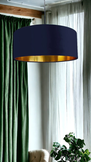 New high quality luxury navy 52 cotton drum cotton fabric lamp shade pendant light drum shape with metallic linings