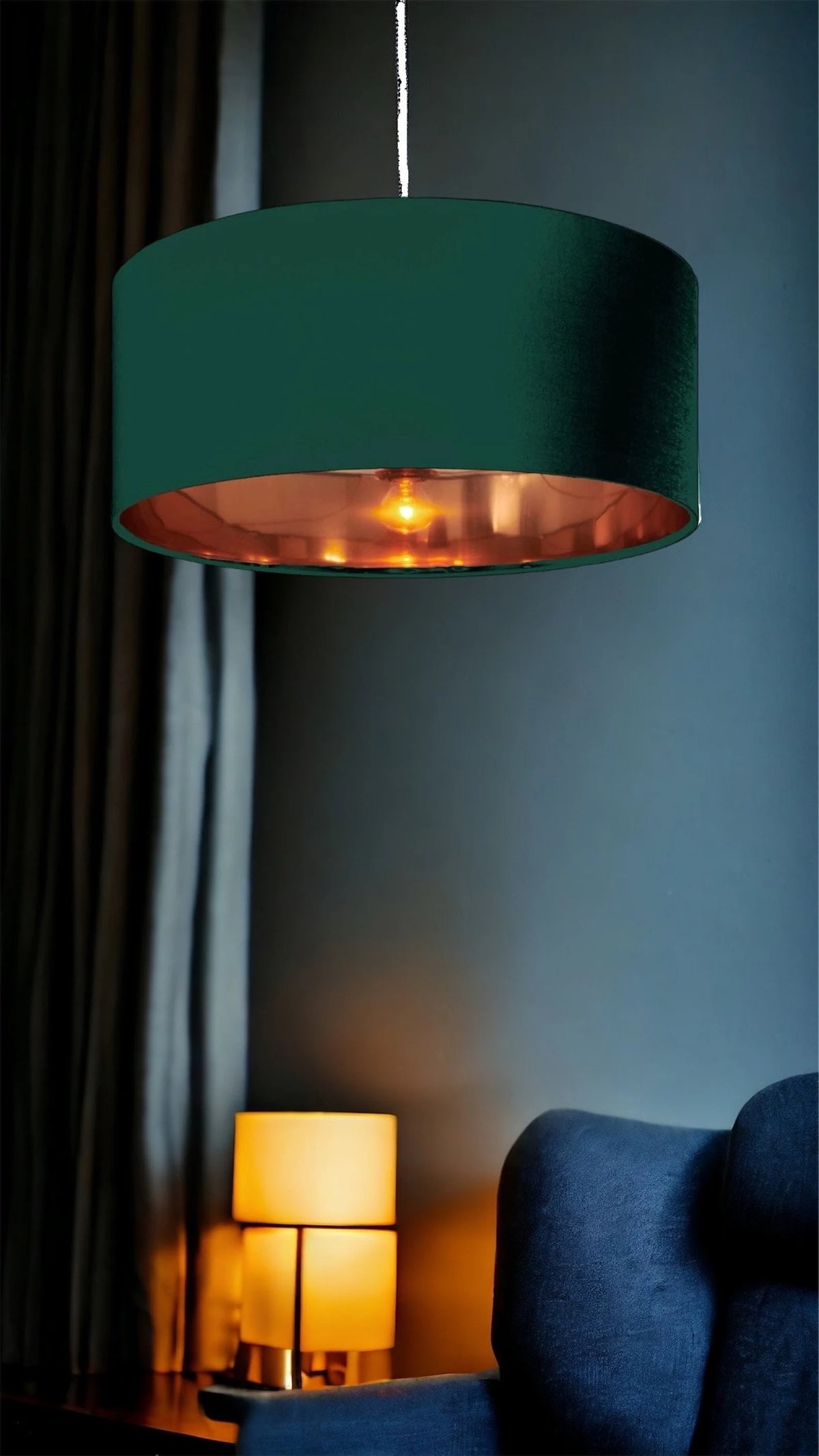 New high quality luxury bottle green 10 cotton drum cotton fabric lamp shade pendant light drum shape with metallic linings