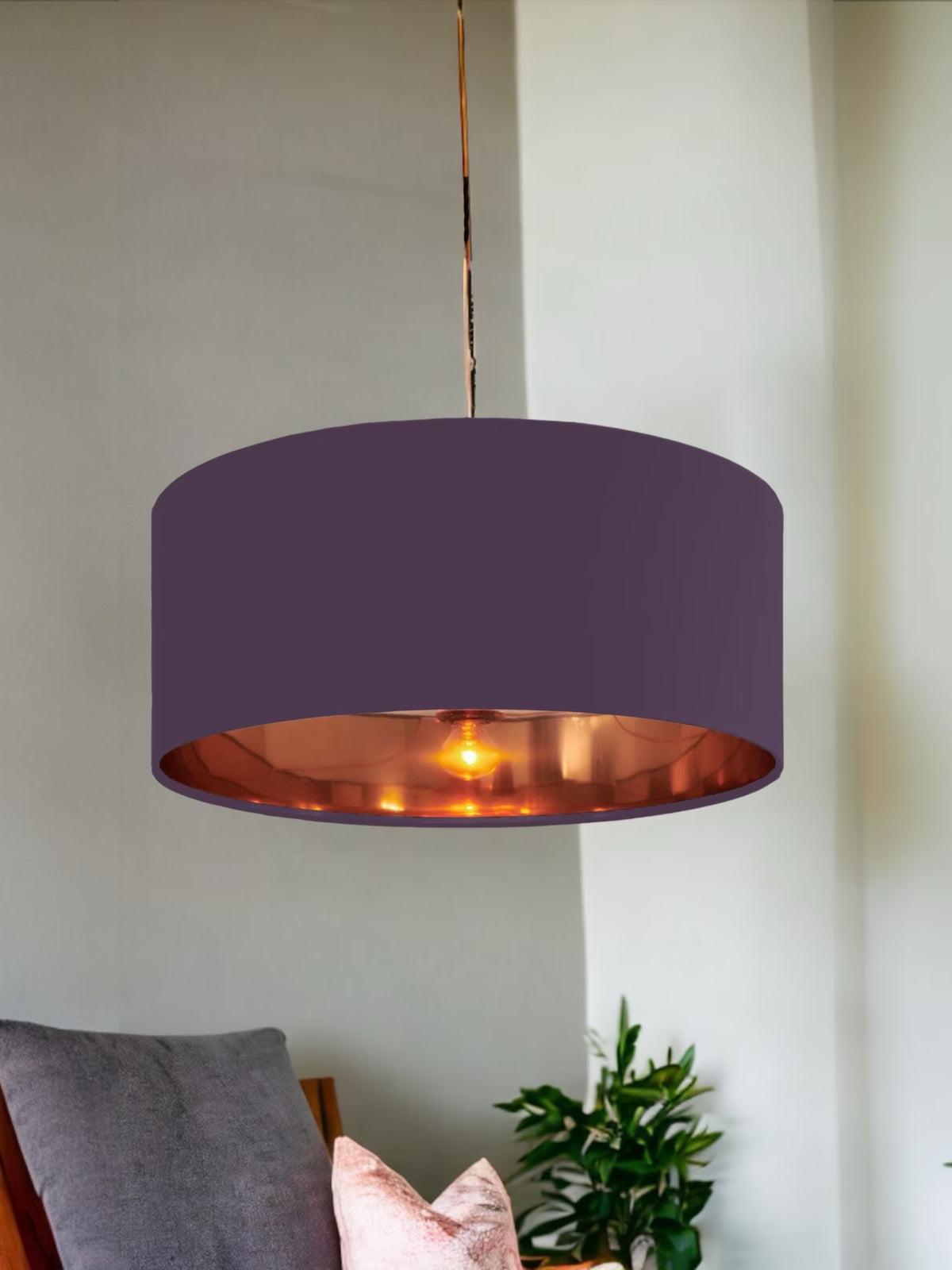 New high quality luxury plum purple 38 cotton fabric lamp shade pendant light drum shape with metallic linings