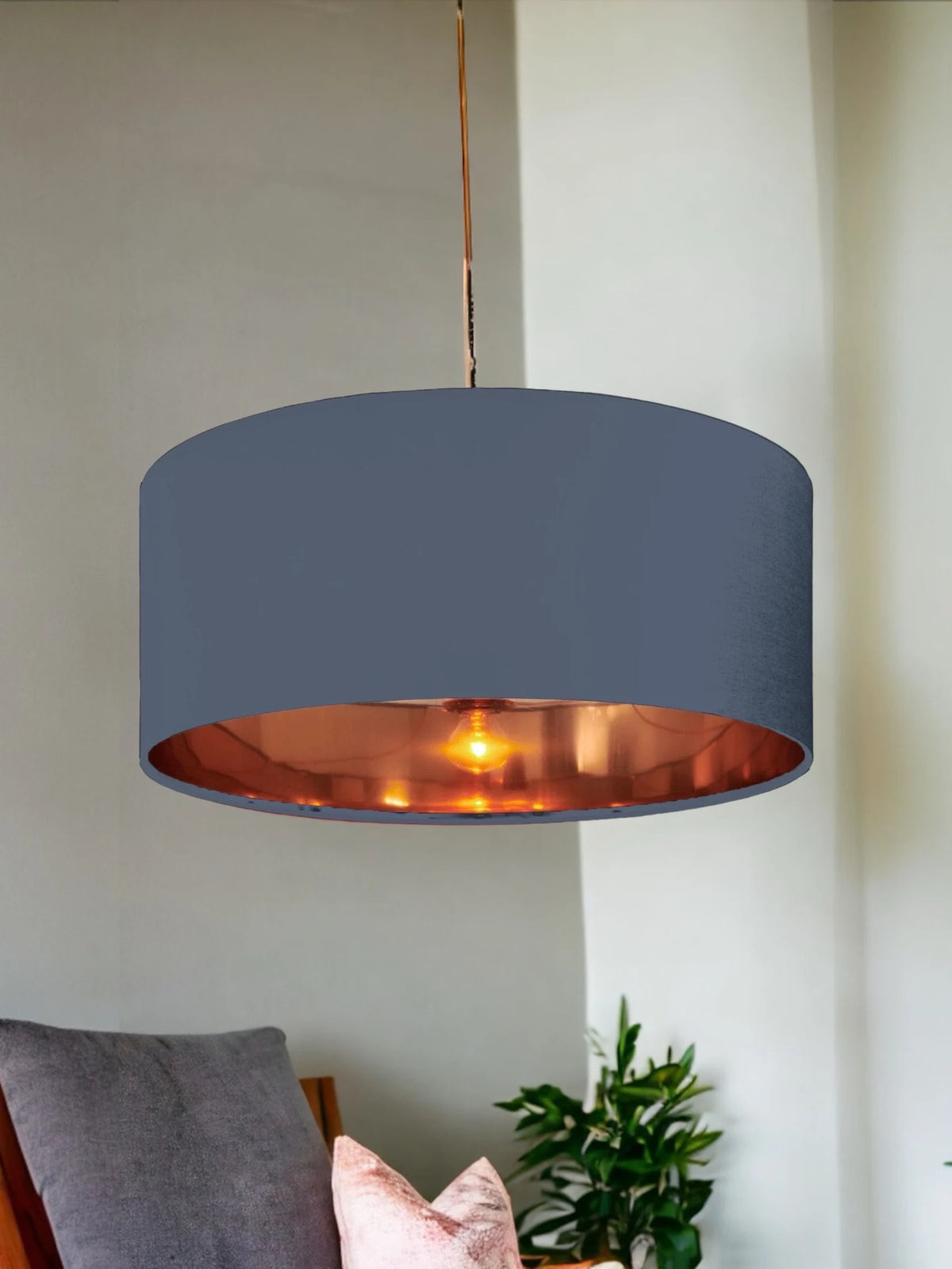 New high quality luxury storm grey 77 cotton fabric lamp shade pendant light drum shape with metallic linings