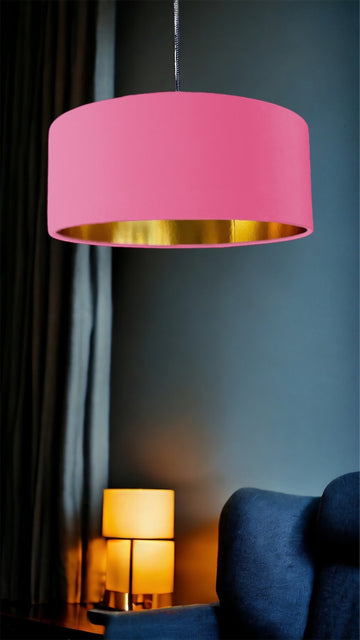 New high quality luxury sugar pink 28 cotton fabric lamp shade pendant light drum shape with metallic linings