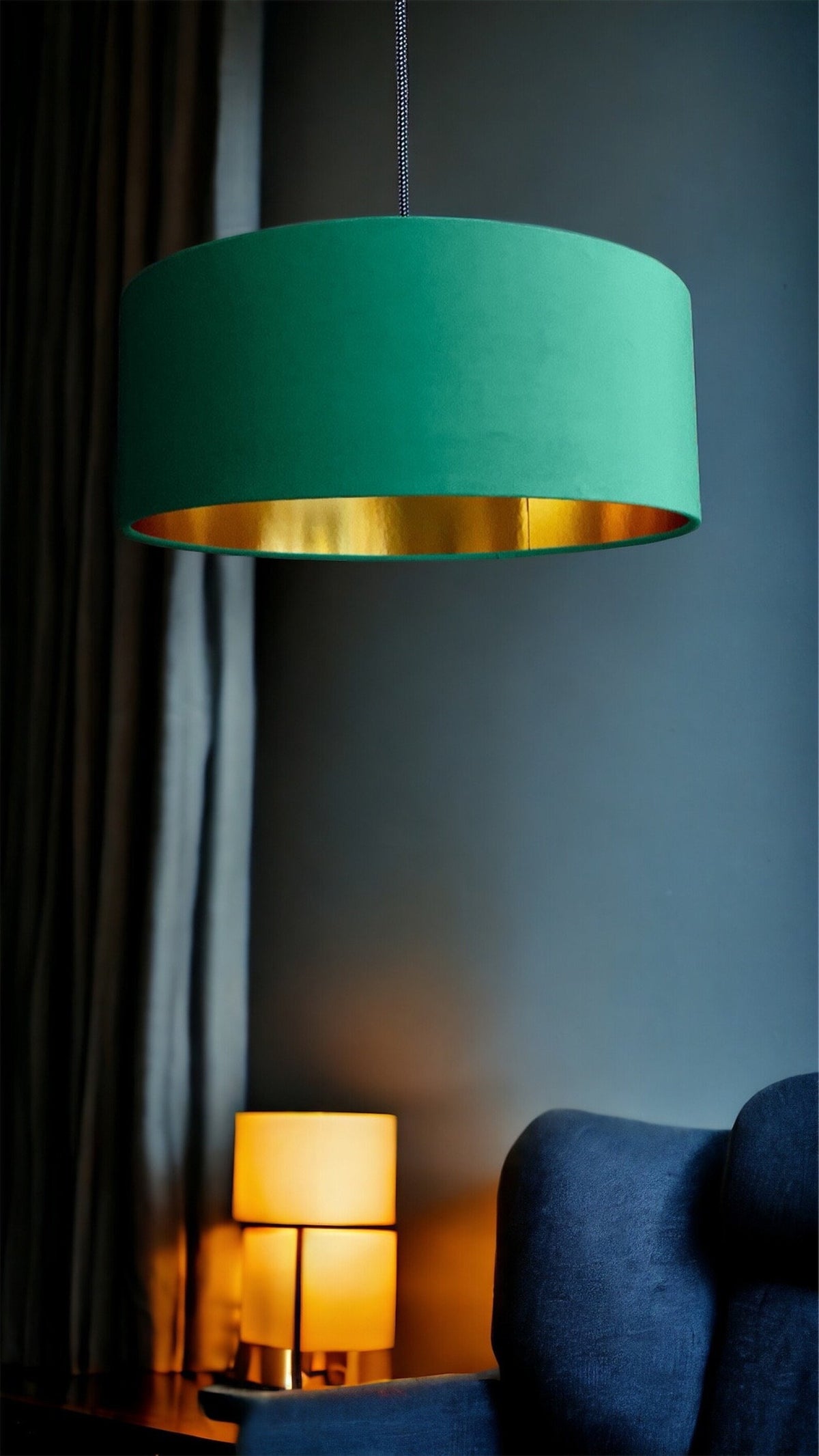 New high quality luxury jade green 78 cotton fabric lamp shade pendant light drum shape with metallic linings
