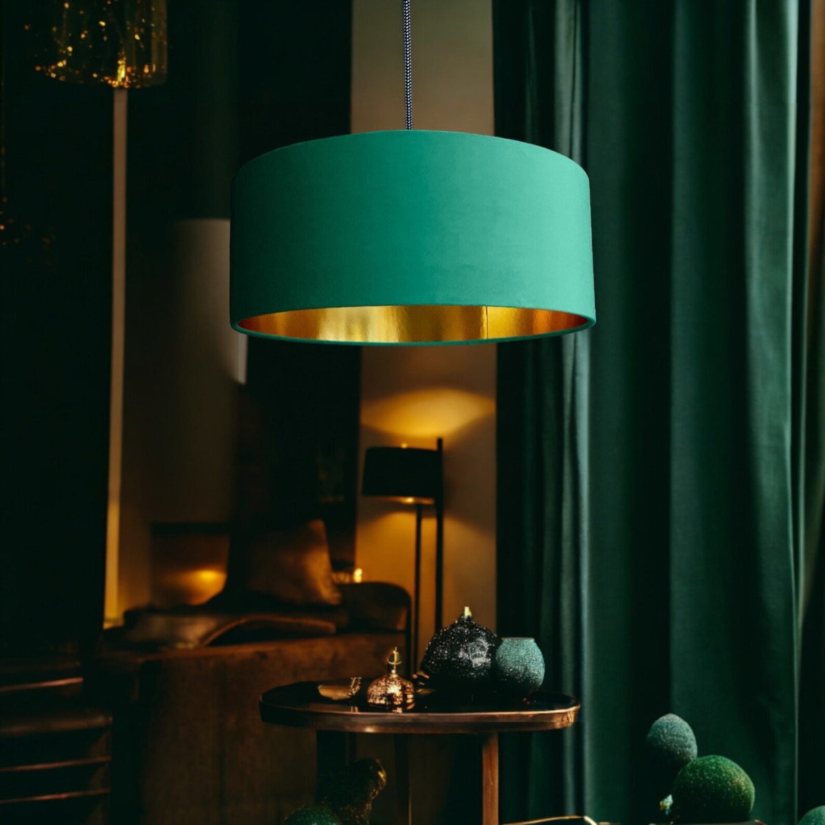 New high quality luxury jade green 78 cotton fabric lamp shade pendant light drum shape with metallic linings
