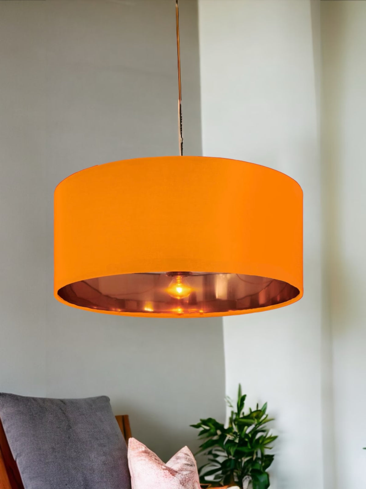 New high quality luxury clementine orange cotton fabric lamp shade pendant light drum shape with metallic linings