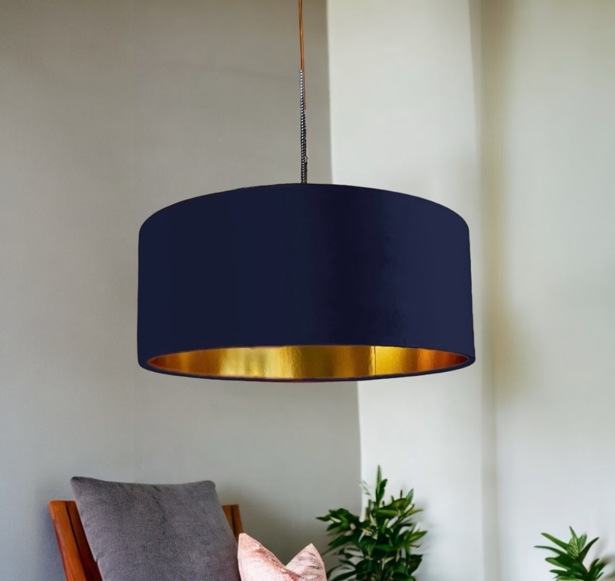 New high quality luxury navy 52 cotton drum cotton fabric lamp shade pendant light drum shape with metallic linings