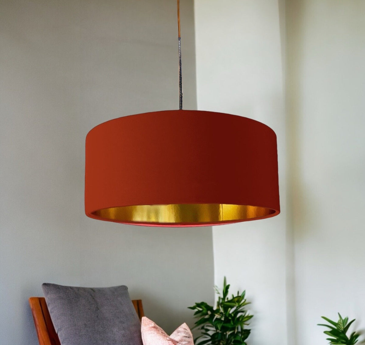New high quality luxury terracotta red 35 cotton drum cotton fabric lamp shade pendant light drum shape with metallic linings